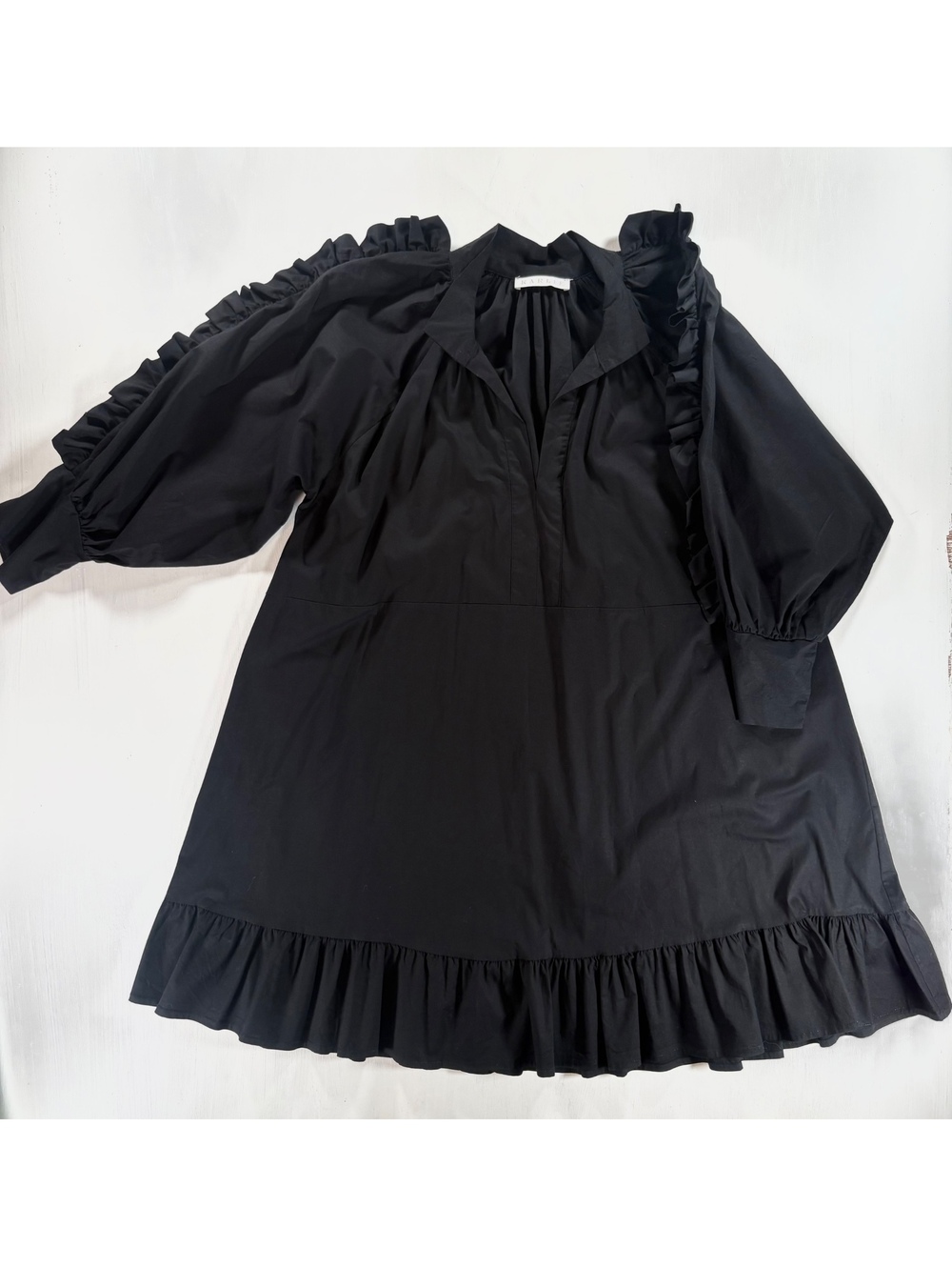 Karlie 100% Cotton Black Ruffle Trim Puff Sleeve Mini Dress Size M